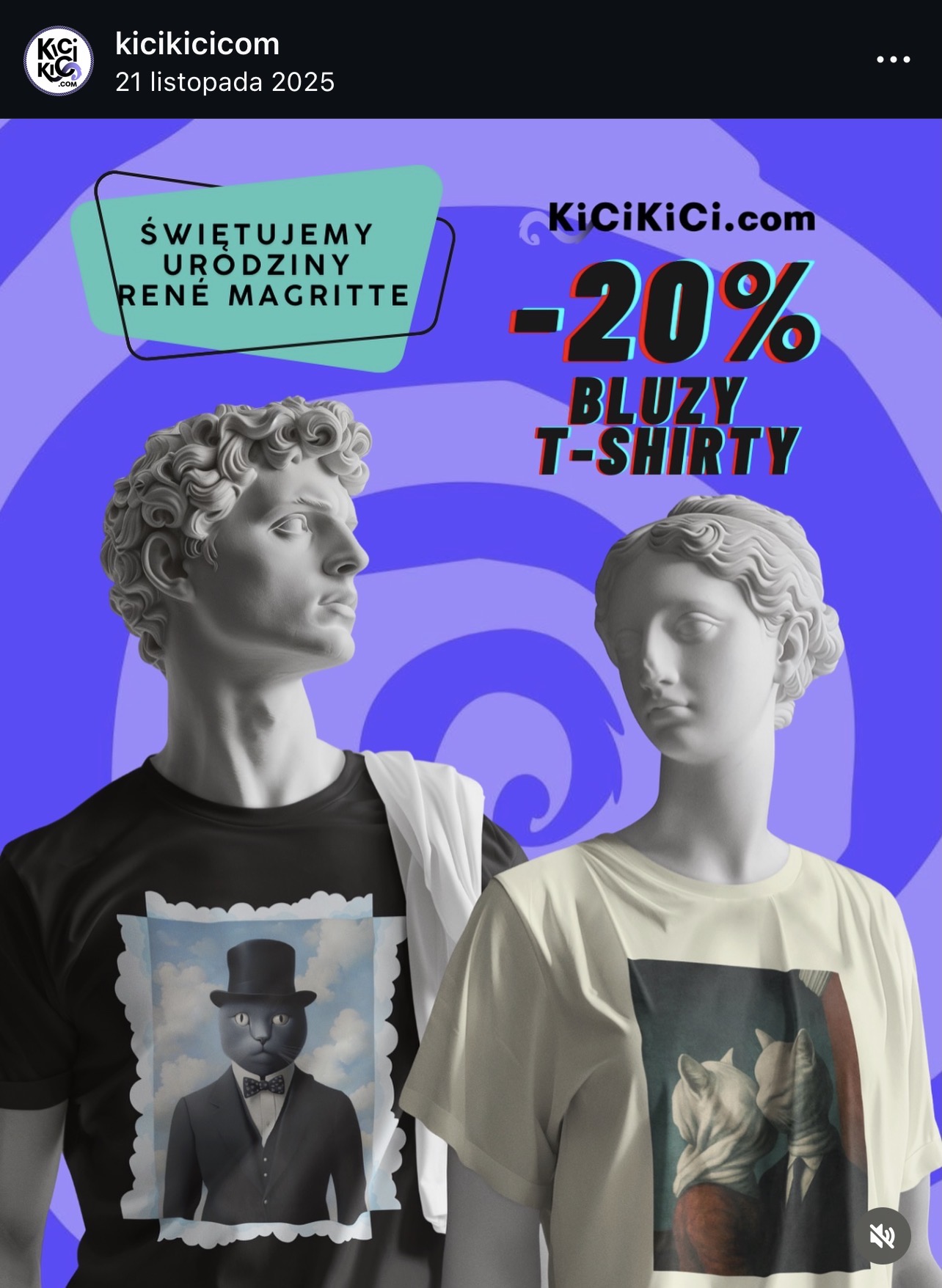 KiciKici.com — post urodzinowy René Magritte, rabat -20% na bluzy i T-shirty