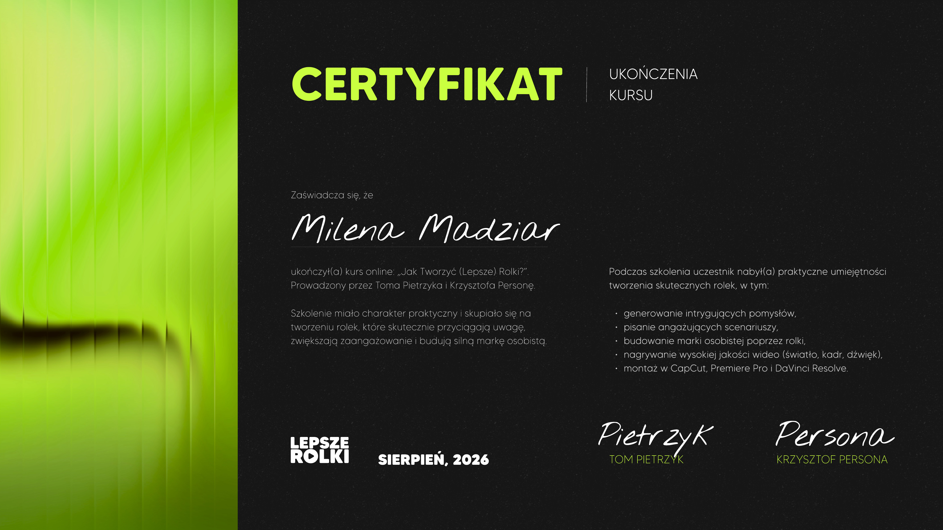 Certyfikat Lepsze Rolki — KURS TWORZENIA SHORT VIDEO